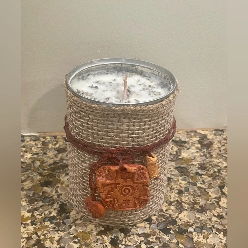 Rustic Burlap Candle with Decorative Accents Lavender Scent.  New. - Picture 2 of 3